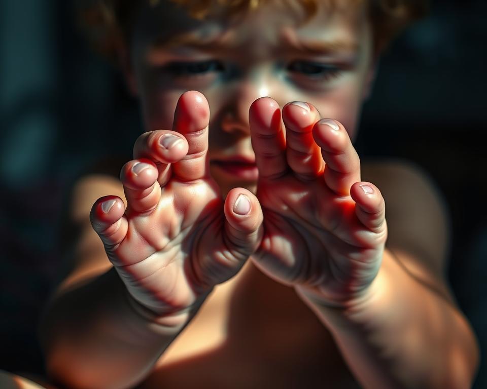 A young child's hands and feet, slightly bluish and cool to the touch, contrasting with their flushed, warm face and body - a visual representation of thermoregulation in children with fever. Dramatic chiaroscuro lighting casts deep shadows, emphasizing the phenomenon. The child's pose conveys vulnerability, their small limbs and digits the focus. The background is blurred, drawing the viewer's eye to the core subject. Detailed textures of skin, nails, and capillaries enhance the realism. An intimate, clinical perspective captures the physiological mechanics behind the common experience of "cold hands and feet" in a feverish child.